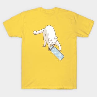 White cat knocking blue water bottle T-Shirt